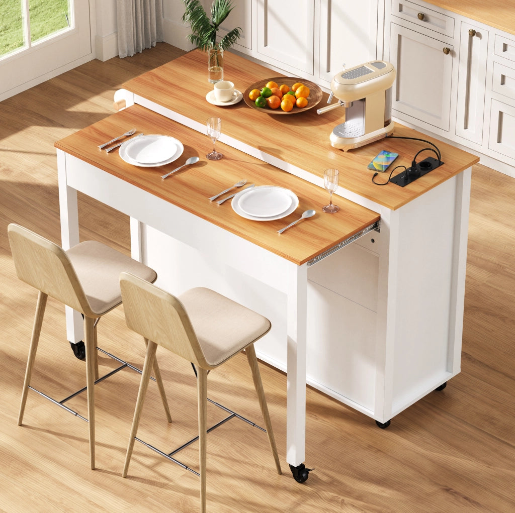 Isola da cucina con ruote 120 x 40-75 x 92 cm in MDF bianco, piano estensibile