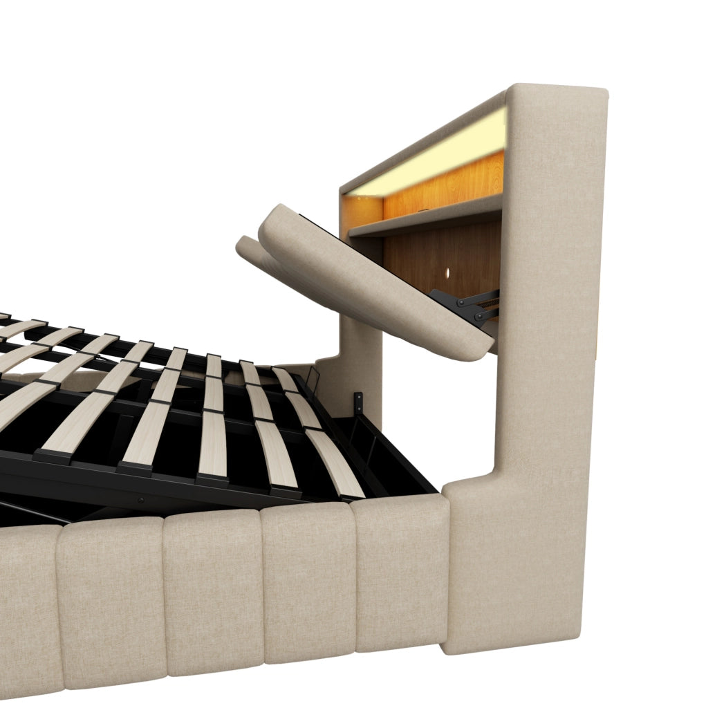 Letto contenitore ULEVR 180x200 cm con sistema idraulico, LED, USB e USB-C, rivestimento in tessuto beige