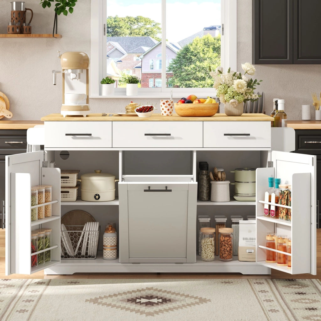 Isola da cucina mobile, carrello da cucina, credenza, piano di lavoro pieghevole, 3 cassetti, mobile con cestino dei rifiuti,, bianco e legno naturale