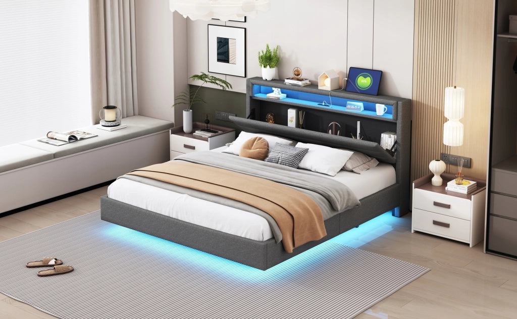 Letto imbottito 160x200 grigio con USB e LED - Xylo