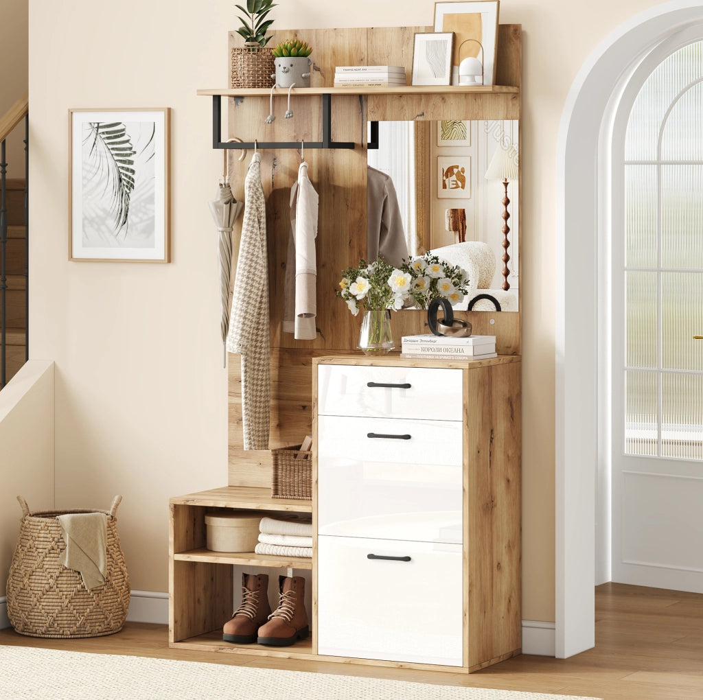 Set guardaroba da ingresso con specchio e panca portascarpe; 100 ¡Á 38.5 ¡Á 190 cm; bianco e naturale