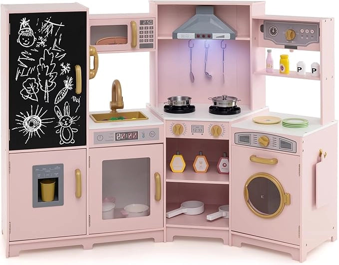 Cucina Giocattolo Angolare in Legno, Set di Cucina Giocattolo per Bambini con Luci, Suoni, Microonde, Cappa e Accessori Ricchi, Ideale per Bambini 3 Anni+ (Rosa)