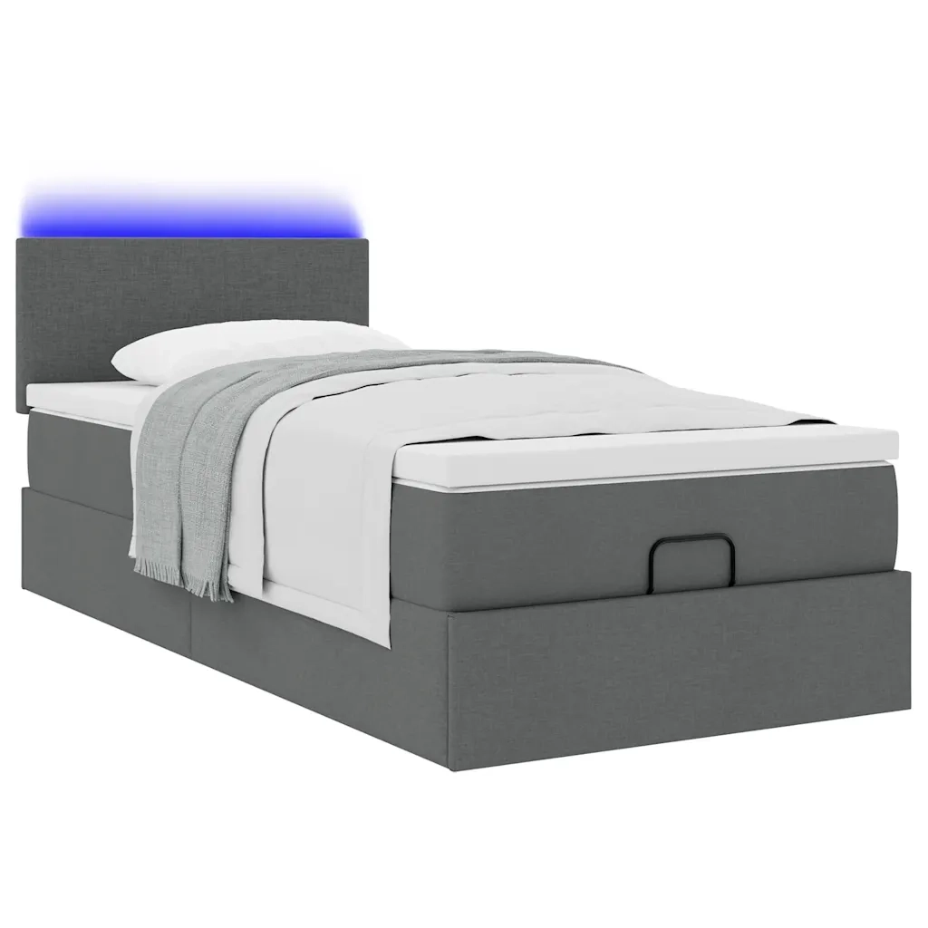 Pouf Letto con Materasso e LED Grigio Scuro 80x200cm in Tessuto