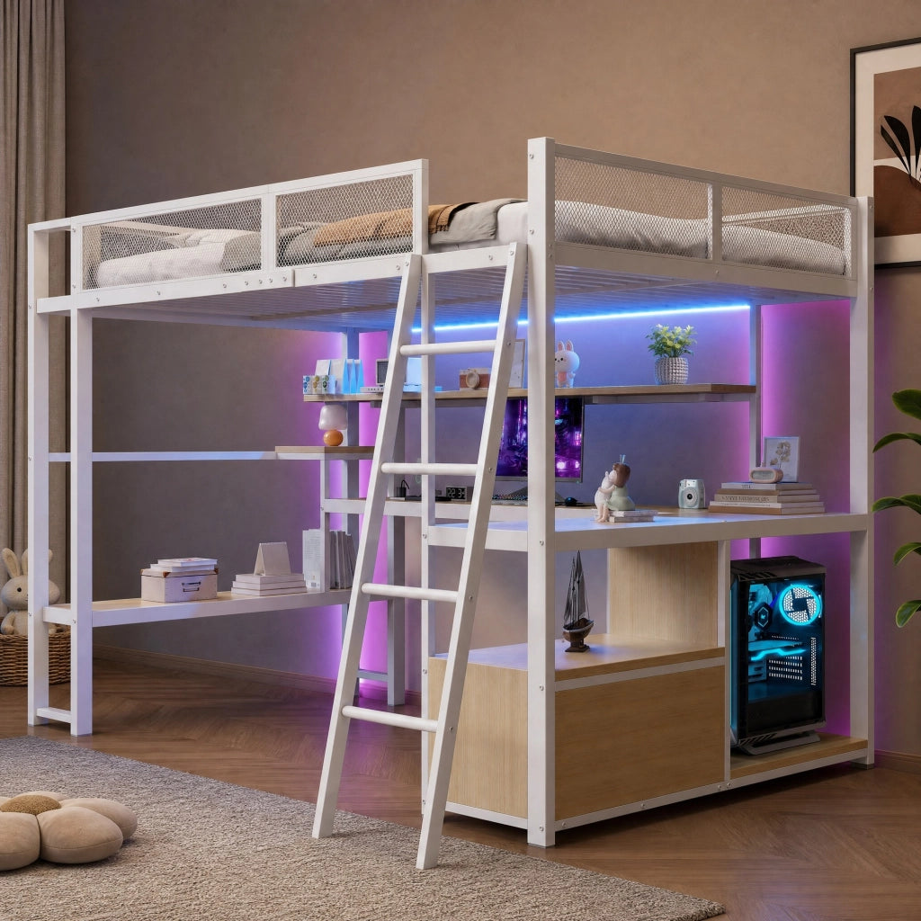 Letto a soppalco 140 × 200 cm con scrivania; LED; stazione di ricarica; scaffali e armadio in metallo e MDF bianco