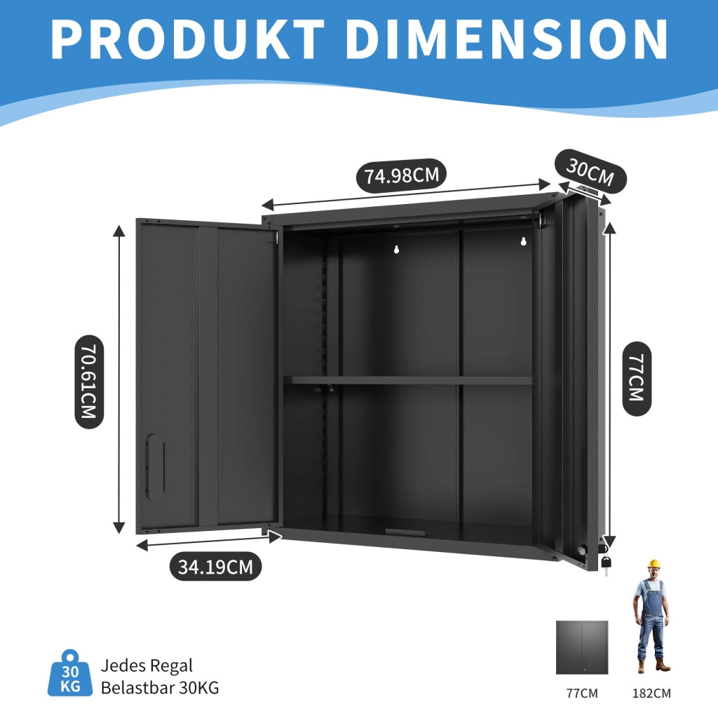 Armadio da Parete in Metallo con 2 Porte Serrabili e Ripiano Regolabile, 77x75x30 cm, per Garage e Ufficio