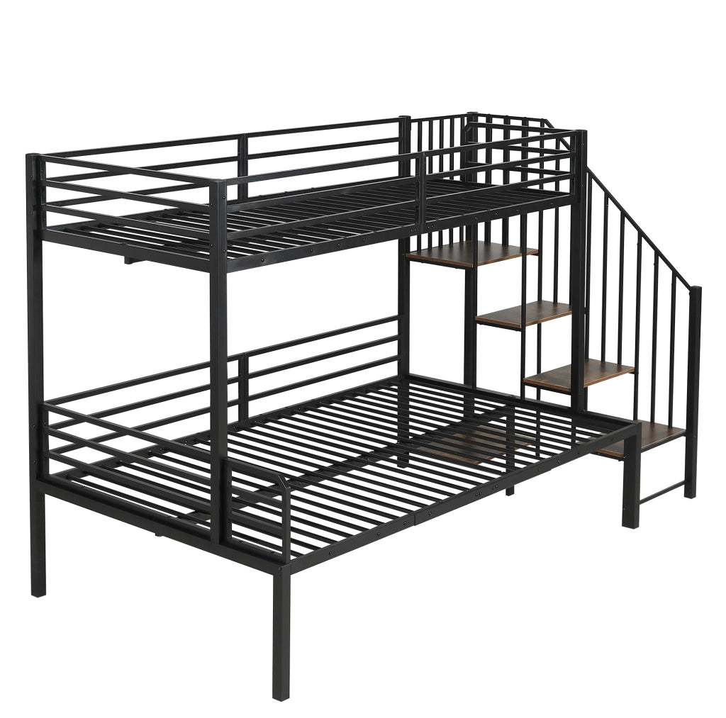 Letto a castello 90x200 / 120x200 cm in metallo e MDF; nero; con scaletta ad angolo con contenitore