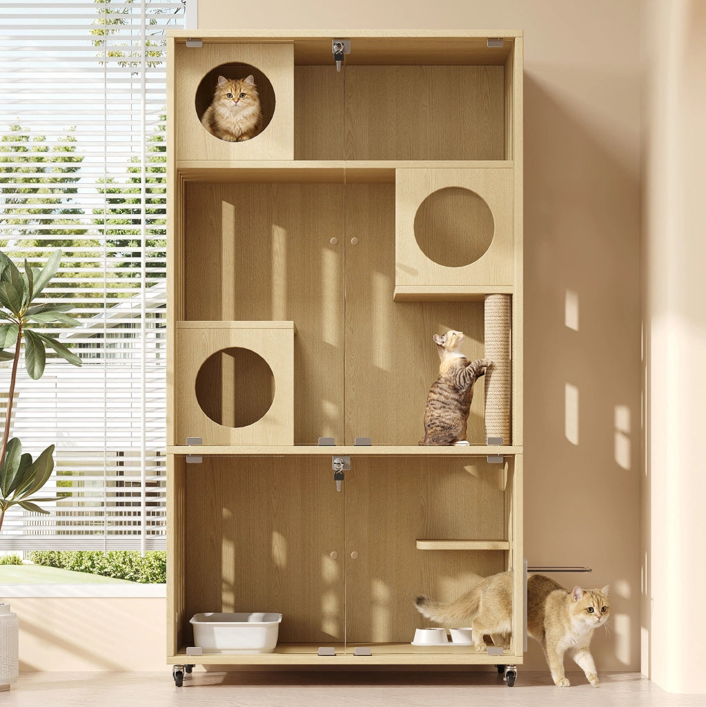 Gabbia per Gatti in Legno 90 x 50 x 166 cm - 3 Livelli con Ruote e Porta Colore Naturale