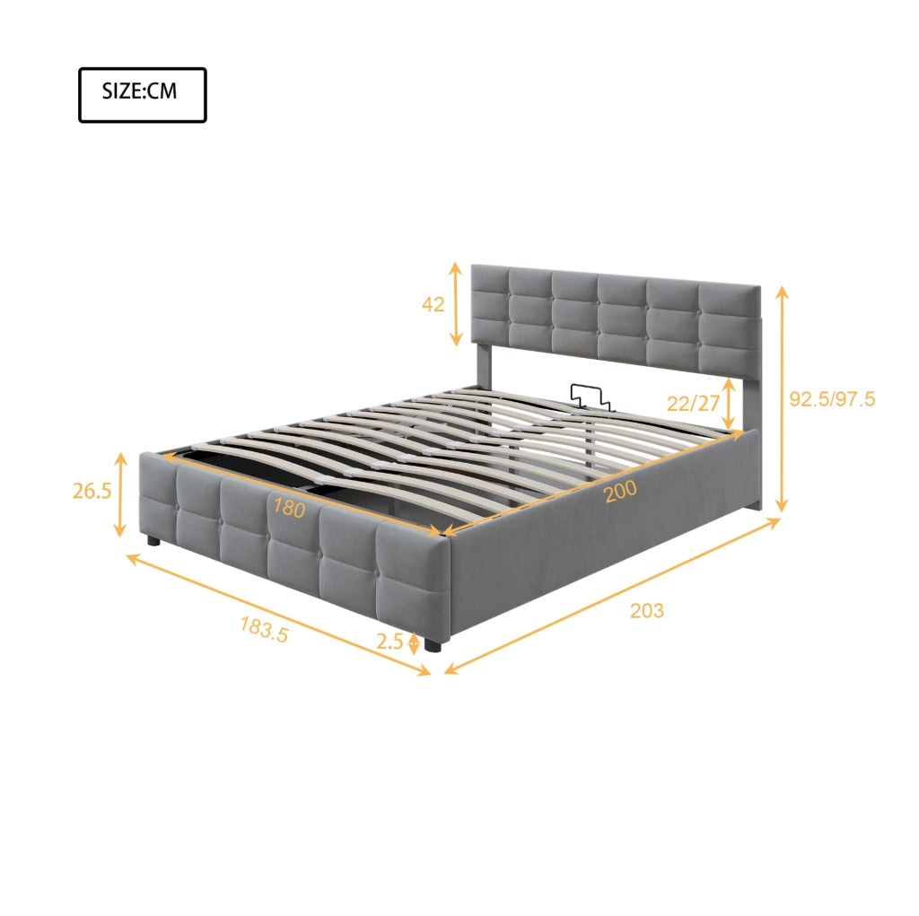 Letto imbottito 180x200 cm con rete a doghe e sollevamento idraulico, rivestimento in velluto olandese grigio