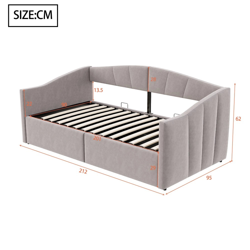 Letto Imbottito Singolo con Contenitore ¨C Xylo ¨C Velluto Grigio Chiaro, 90x200, Rete a Doghe