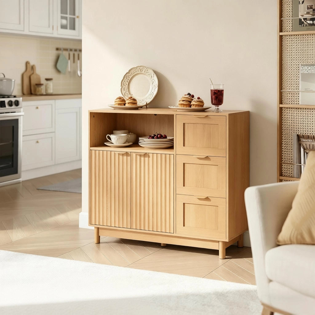Credenza da cucina con vano aperto tre cassetti e ripiani regolabili in MDF e truciolato effetto legno 90 × 35 × 80 cm