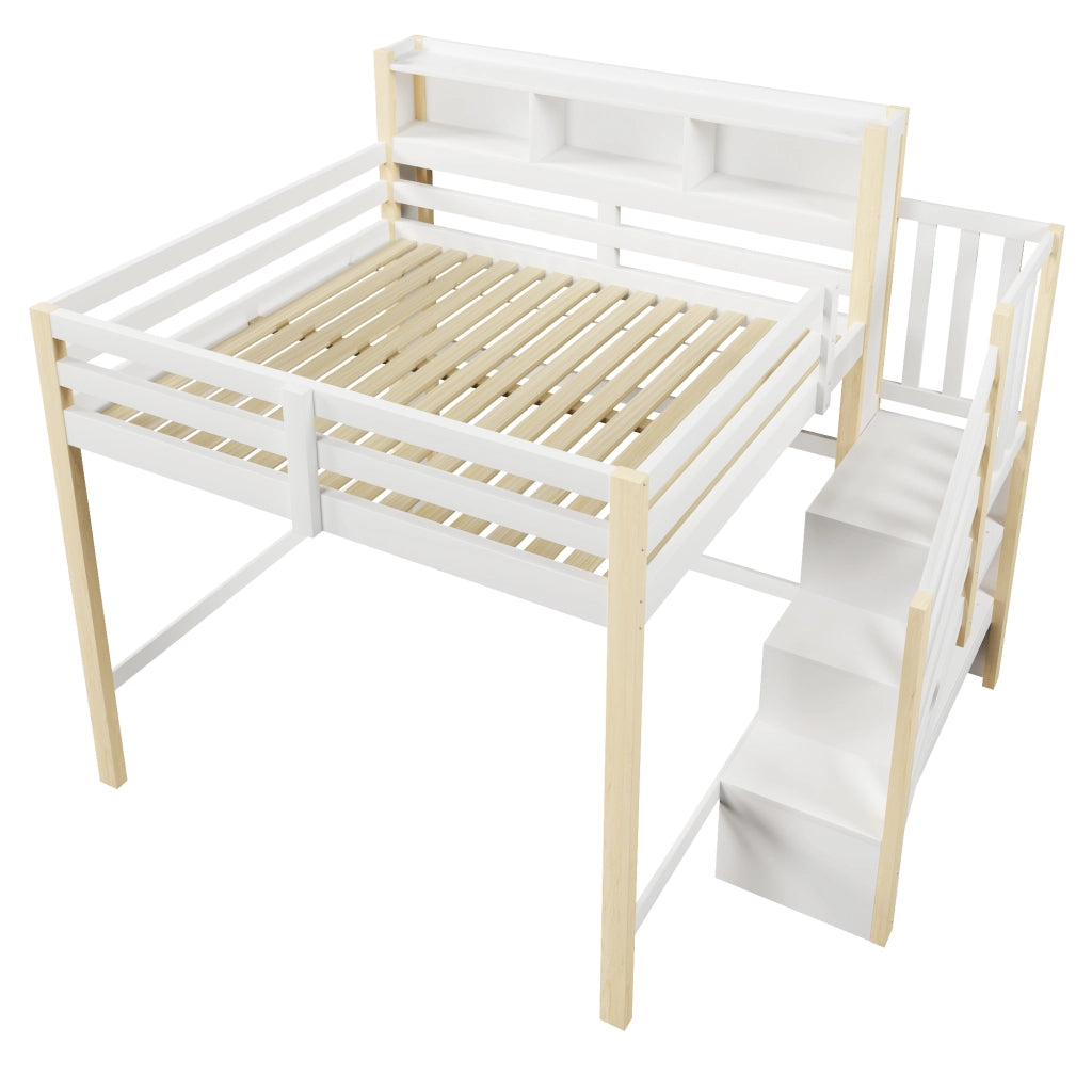 Letto a soppalco 140x200 cm con LED; scala contenitore e vani a giorno bianco naturale