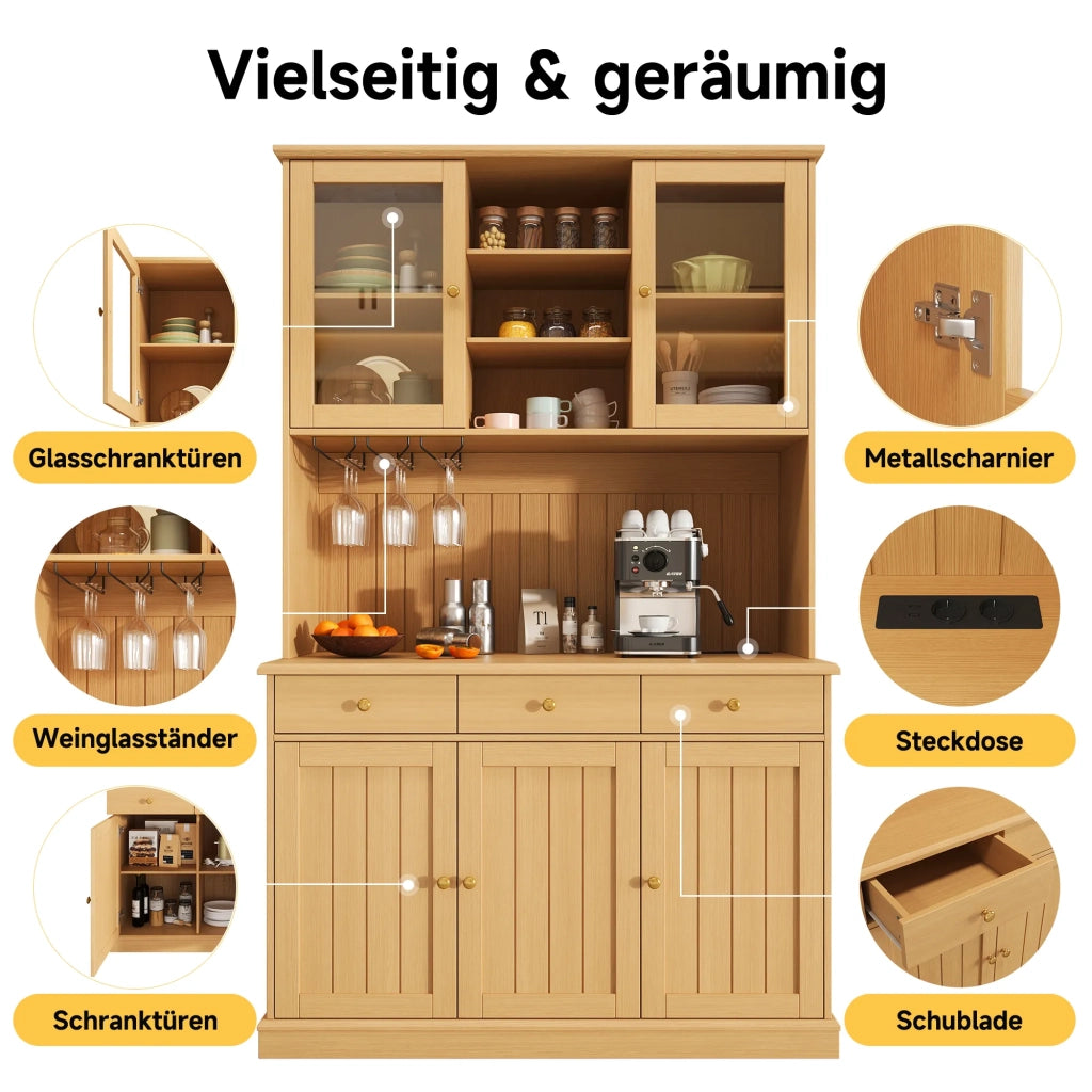 Credenza Alta da Pranzo 120x40x191 cm, Colore Naturale, Ante in Vetro, Portabicchieri, Ampio Spazio, Presa Integrata con USB-C e USB-A