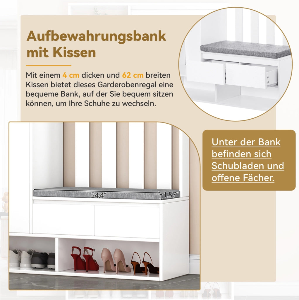 Panca contenitore bianca con appendiabiti a parete e 4 ganci, mobile ingresso multifunzione in MDF H180xL100xP35 cm