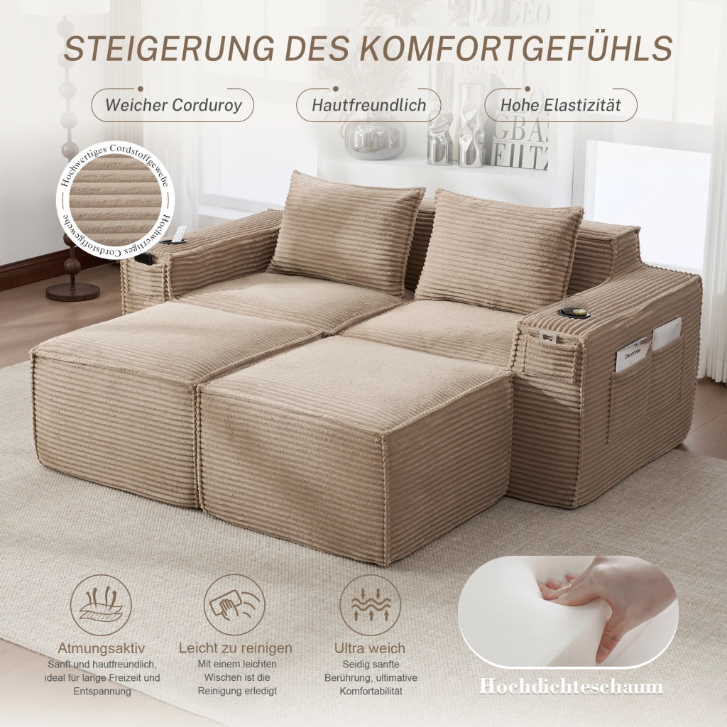 Divano modulare con portabevande e tasche laterali in velluto a coste khaki 188 × 162 × 75 cm