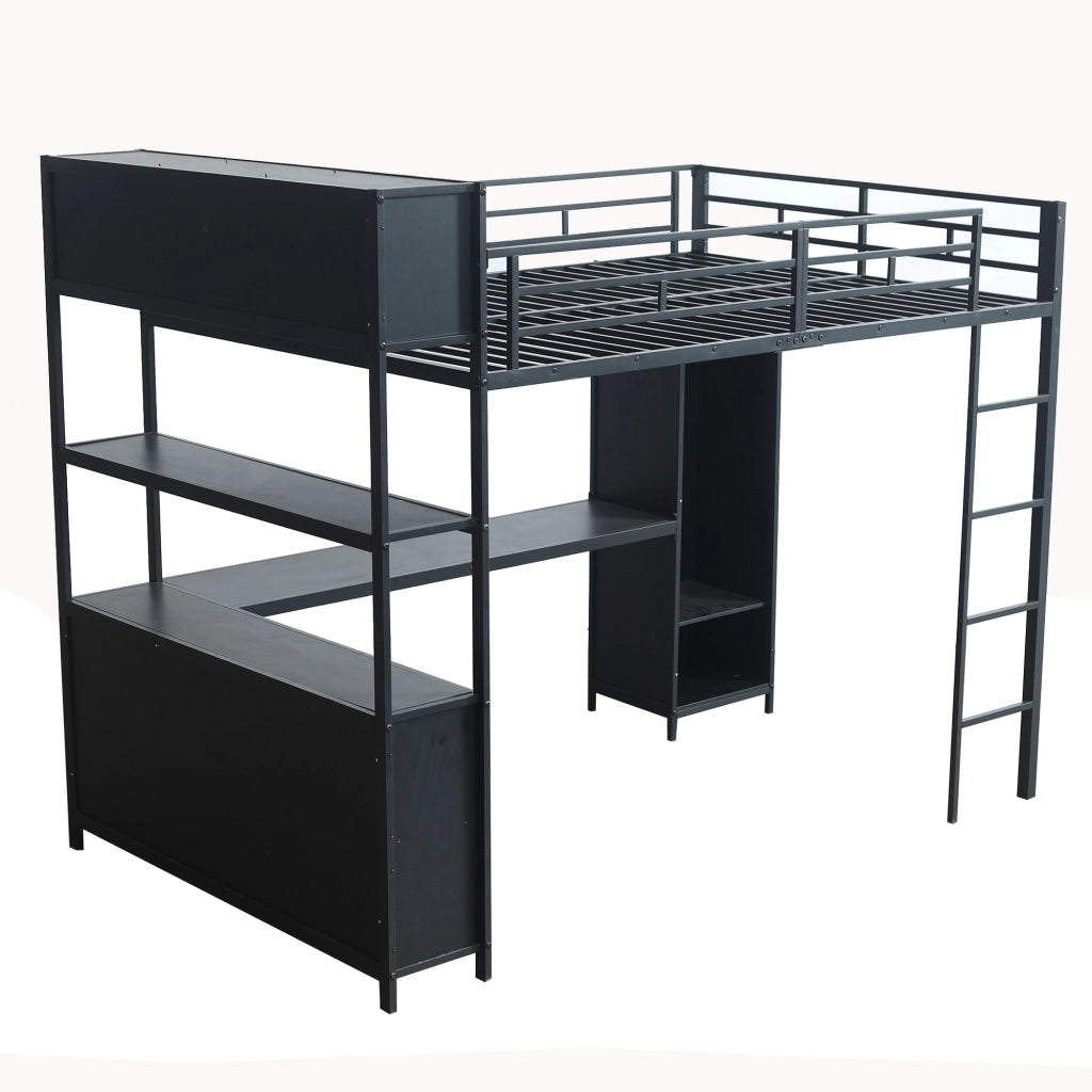 Letto a soppalco 140 × 200 cm 2 posti con scrivania, armadio e vani contenitore, senza materasso, nero
