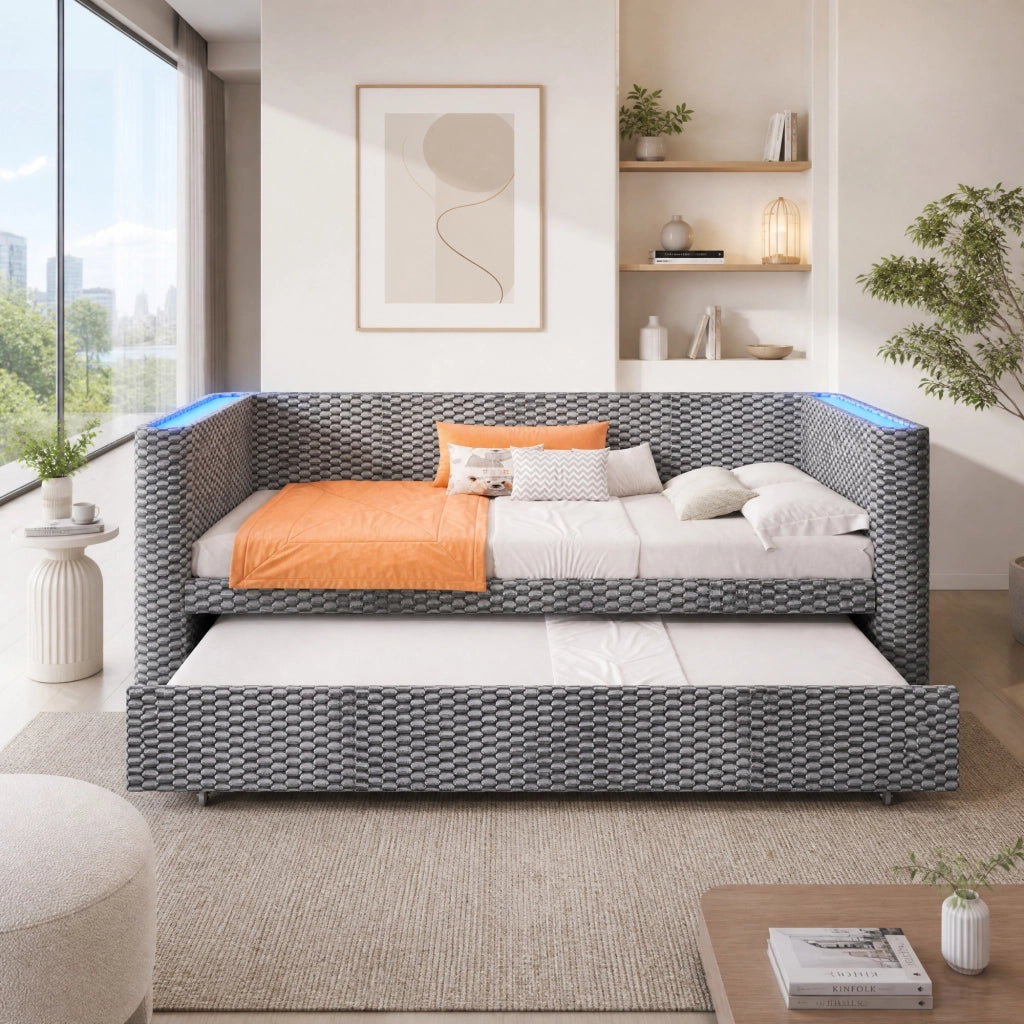 Divano letto 90 × 200 cm estensibile fino a 180 × 200 cm con LED multicolore in velluto grigio e MDF