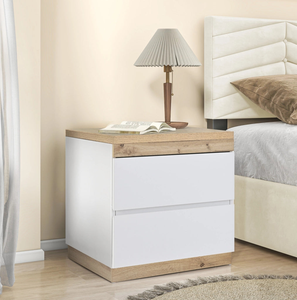 Comodino con due cassetti in pannello E1 effetto quercia e bianco, armadietto per camera da letto