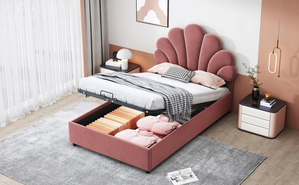 Letto imbottito 90x200 - Xylo - rosa, telaio sollevabile