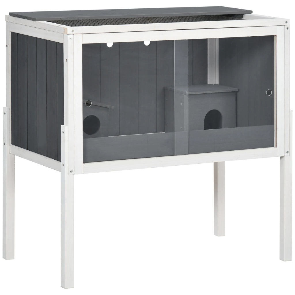 Gabbia per criceti in legno con 2 casette; porte in acrilico e ripiano; grigio scuro; 82 × 45 × 81 cm