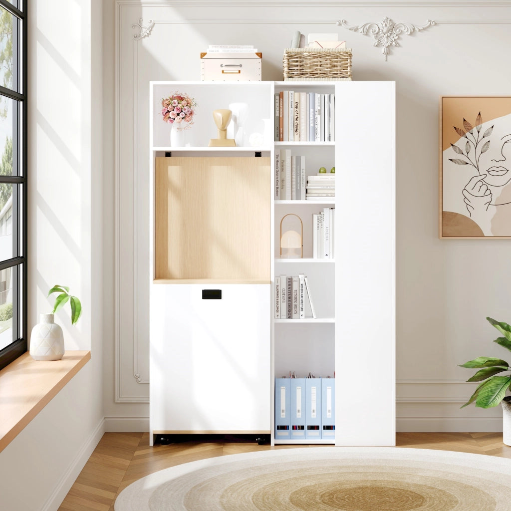 Scrivania dritta pieghevole 2 in 1 con libreria presa UE porte USB ripiani regolabili MDF bianco rovere