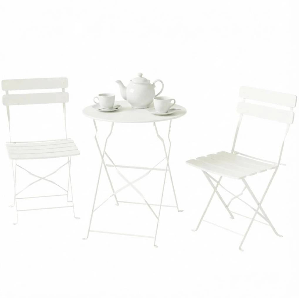 Set da giardino pieghevole con tavolo rotondo e 2 sedie in metallo; crema