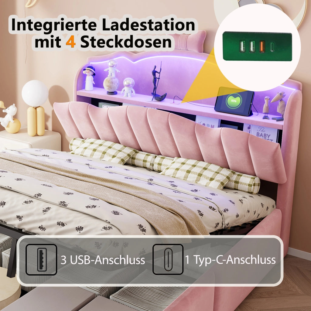 LETTO imbottito 140x200 cm in velluto rosa con contenitore