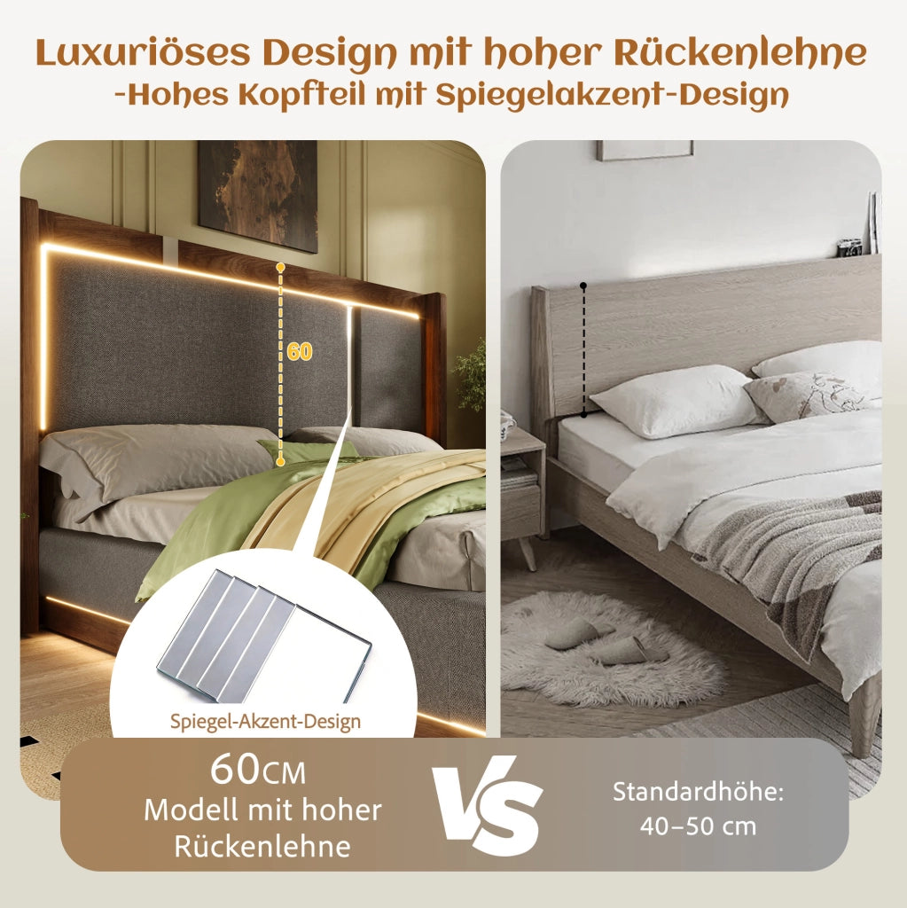Letto singolo 90x200 cm con testiera imbottita in lino grigio, contenitore con sistema idraulico, LED integrati e rete a doghe in legno e metallo