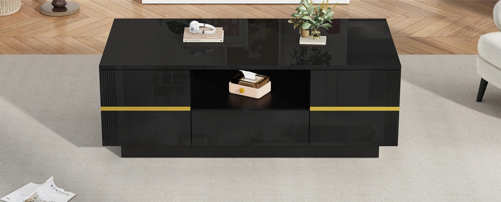 Tavolino da caffè moderno in MDF nero con LED, 100x50x35,5 cm, 2 ante, 1 cassetto, finiture dorate