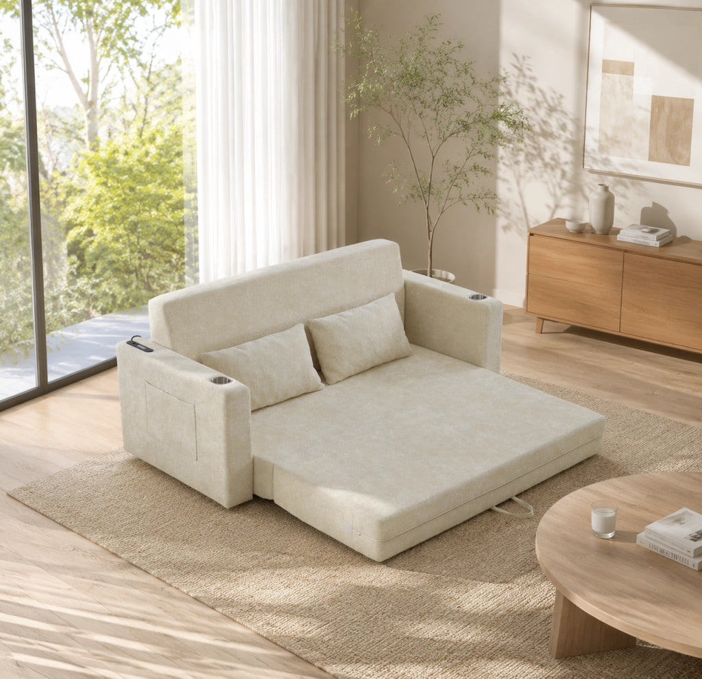 Divano letto 2 posti pieghevole 2 in 1 in ciniglia beige con porte USB HOMVRA
