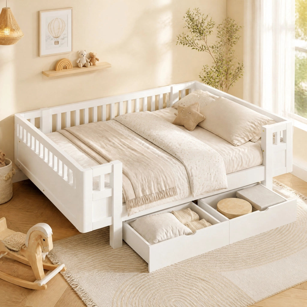 Letto a piattaforma bianco 140 x 200 cm con sponde alte e 2 cassetti