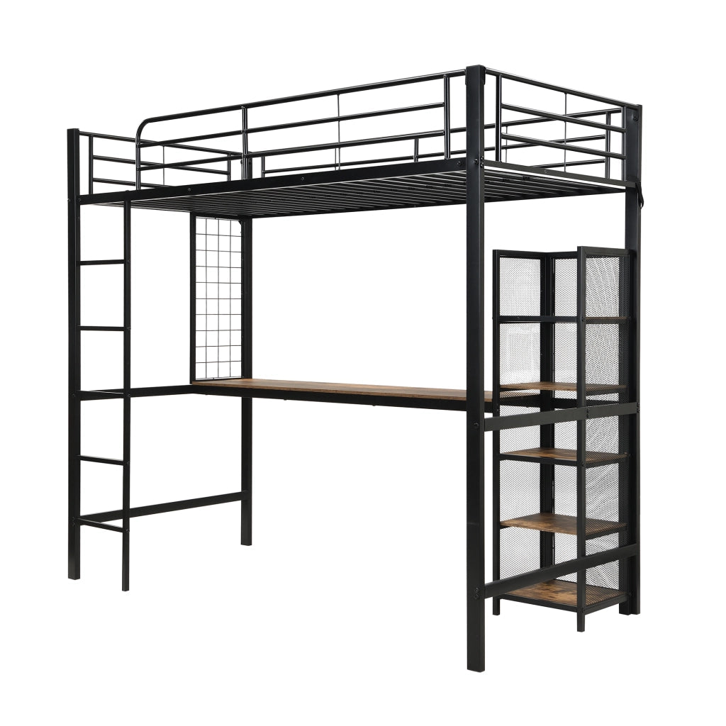 Letto a soppalco 90x200 con scrivania e scaffale a 5 ripiani; metallo e MDF; nero e noce scuro