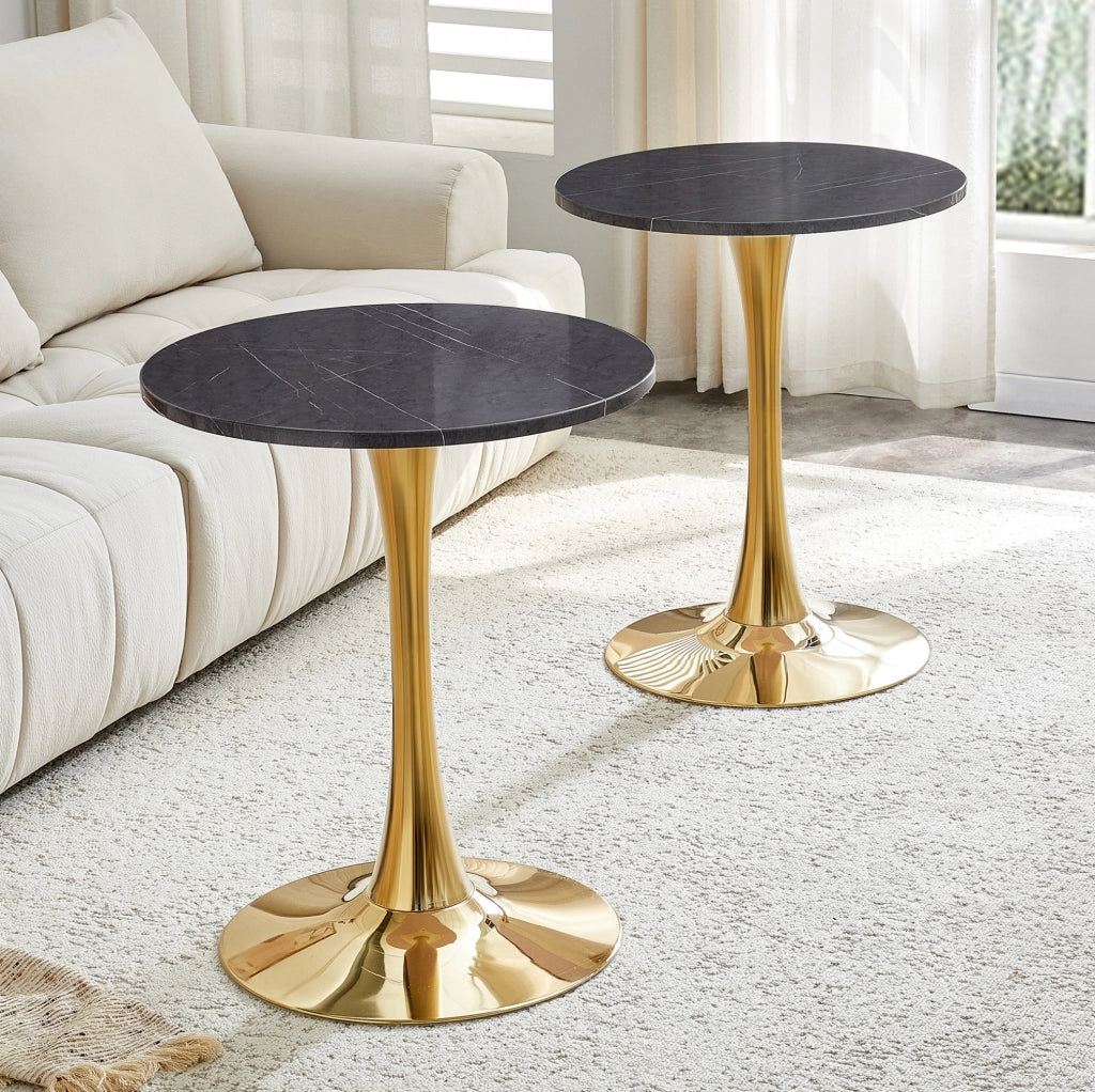 Tavolo rotondo da pranzo 60 cm in MDF e metallo; nero marmorizzato e oro