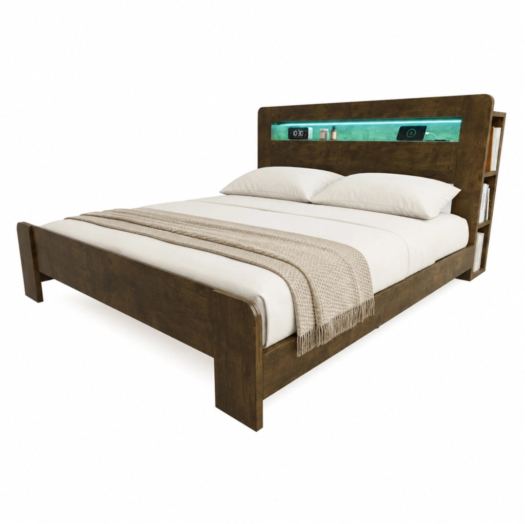 Letto in legno con testiera contenitore, illuminazione LED e prese integrate 180x200 cm Vintage