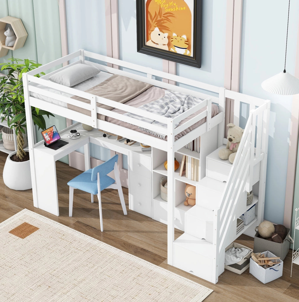 Letto a soppalco per bambini 90x200 cm bianco con scrivania, pino e MDF