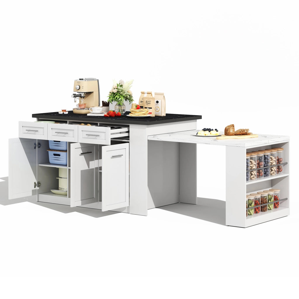 Carrello da cucina con 6 cassetti 6 ante e ripiani regolabili con tavolo estraibile per cucina in MDF 150×90×90 cm bianco
