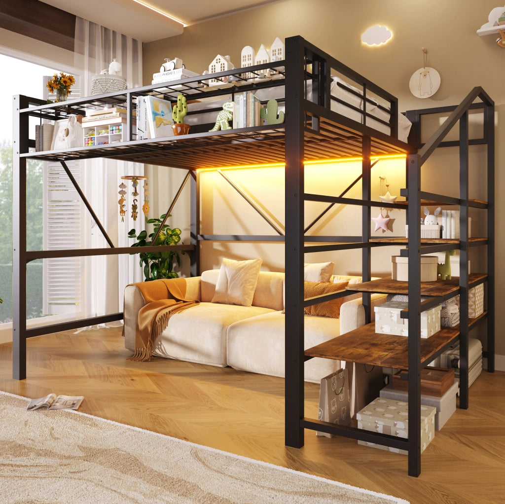 Letto a soppalco 140x200 cm con LED; scaffale a gradini e contenitore; nero