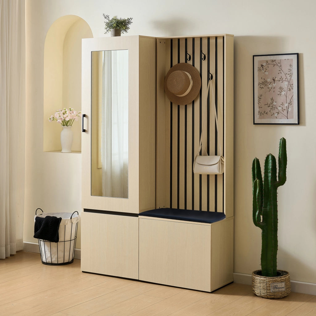 ARMADIO Guardaroba con specchio e panca 2 in 1, MDF colore legno