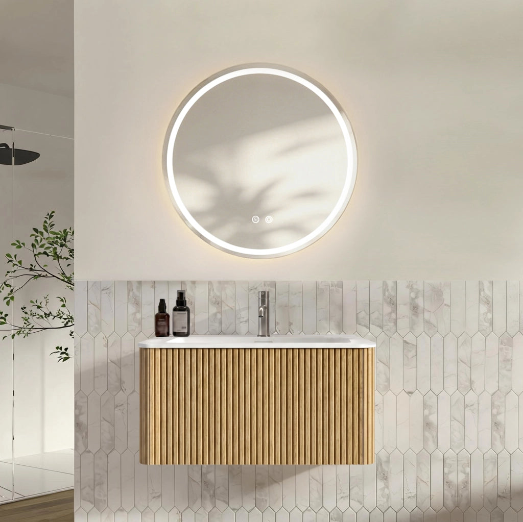 Set Mobile Bagno Sospeso con Specchio LED Rotondo 80 cm, Lavabo Integrato in Pietra Sintetica, Armadietto a Parete con Cassetto, Colore Rovere, 80 cm