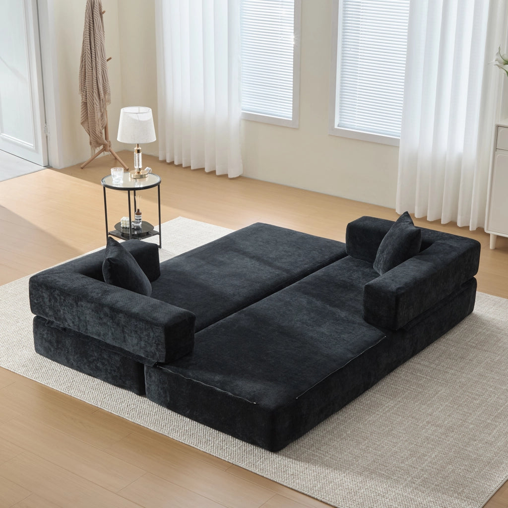 Divano modulare in chenille con tasche laterali e base antiscivolo - nero