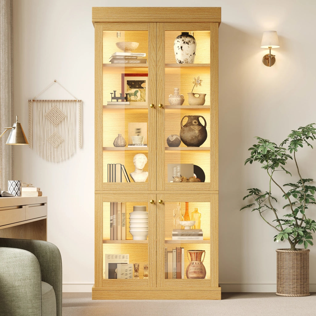 ARMADIO ALTO 160x40x180 cm MDF e vetro Naturale con LED Set da 2 pezzi
