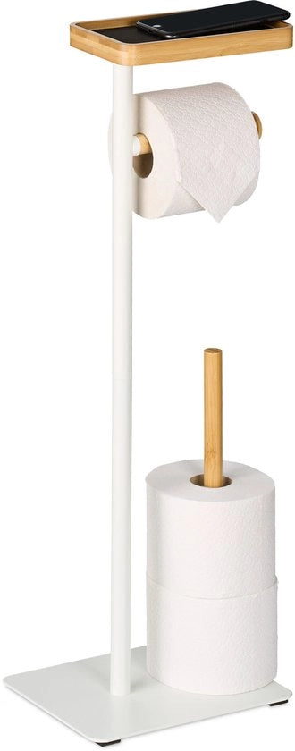 Supporto WC in piedi - con pannello di bambù - supporto di riserva - bianco