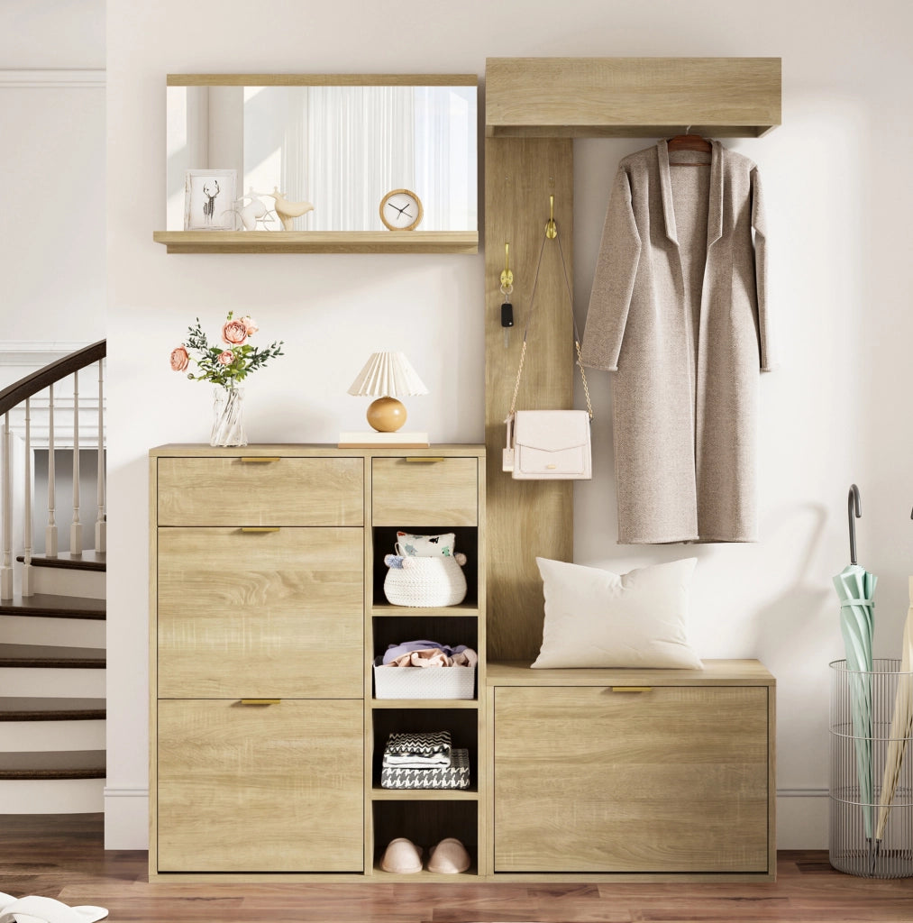Set guardaroba 4 pezzi con scarpiera, panca, specchio e appendiabiti 130x30x174 cm, mobili per ingresso in truciolato naturale