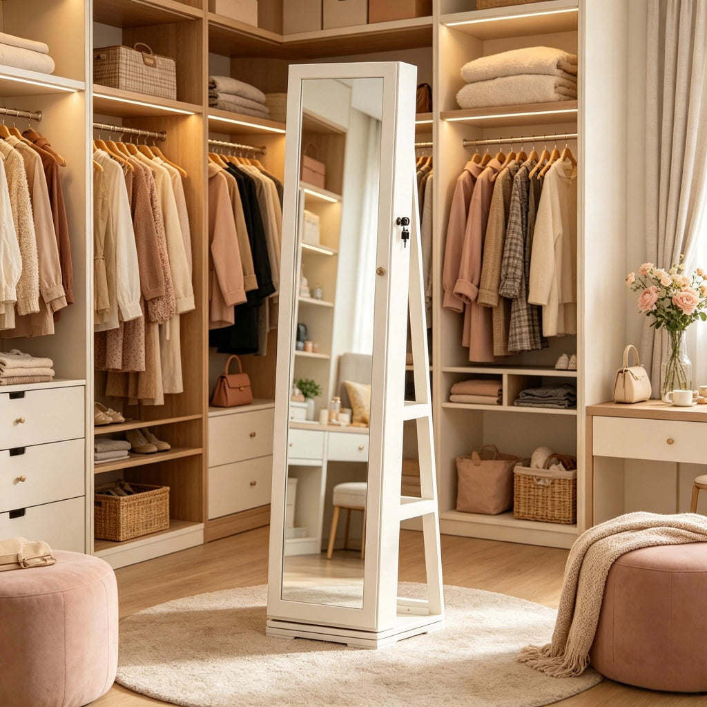 Armadio portagioie con specchio girevole a 360° in MDF e vetro bianco chiudibile con 2 chiavi 38 × 38 × 160 cm
