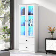 Vetrina moderna LED - Xylo - 165 cm - Bianco opaco - USB, telecomando 16 colori, vetro, 2 cassetti, ripiani regolabili, ante battenti