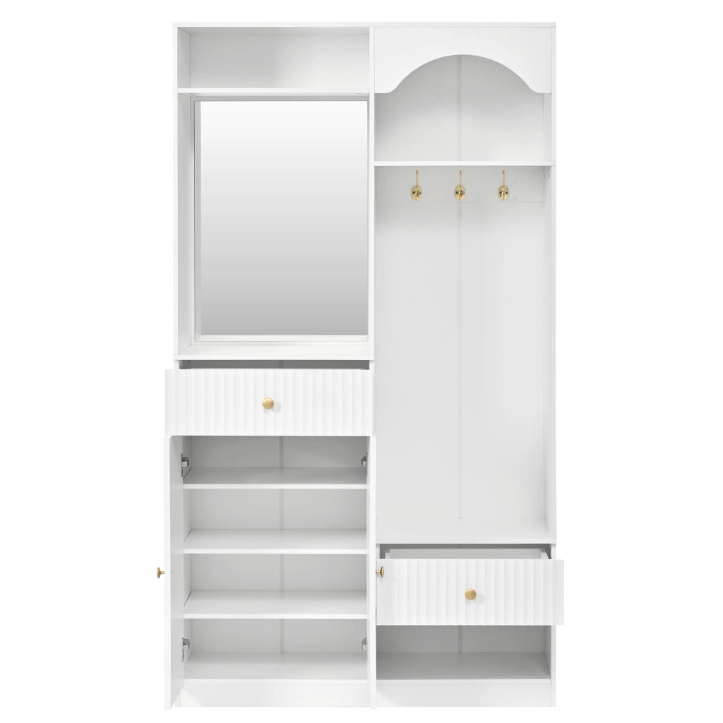 Mobile da ingresso con specchio, panca, ganci, LED, 2 ante, cassetti e ripiani regolabili, in MDF bianco, 100 × 35 × 180 cm
