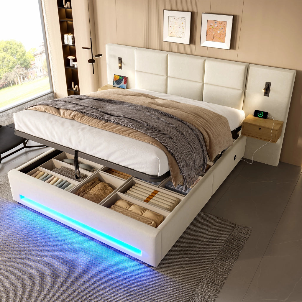 Letto contenitore 180 × 200 cm con testiera in velluto; cassetti; LED; USB-C e rete a 12 doghe in acciaio beige