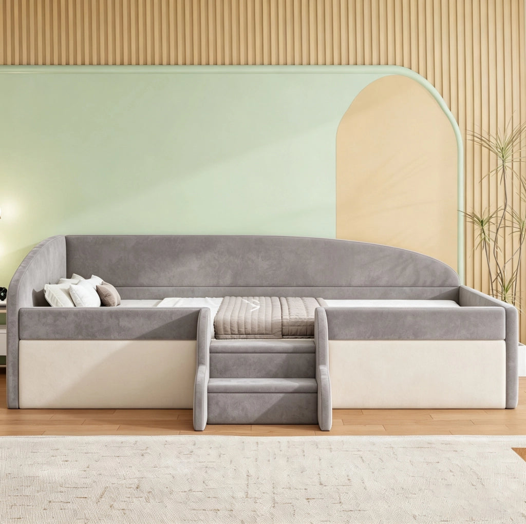 Letto imbottito per bambini 90x190 cm con gradini antiscivolo e sponde in tessuto vellutato grigio, senza materasso