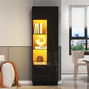 Vetrina LED con anta in acrilico, 5 vani e 2 ripiani in vetro, finitura lucida, per soggiorno, nero, 60 × 40 × 180 cm