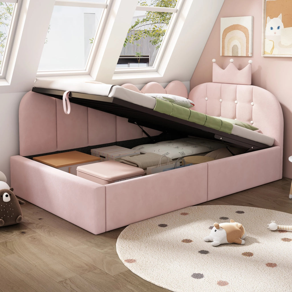 Letto singolo a divano 90 × 200 cm con contenitore idraulico in velluto rosa design corona e griglia