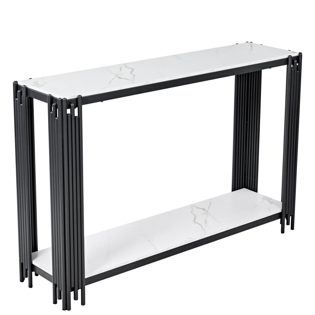 Consolle con due ripiani in MDF effetto marmo bianco e struttura in metallo nero per ingresso e soggiorno